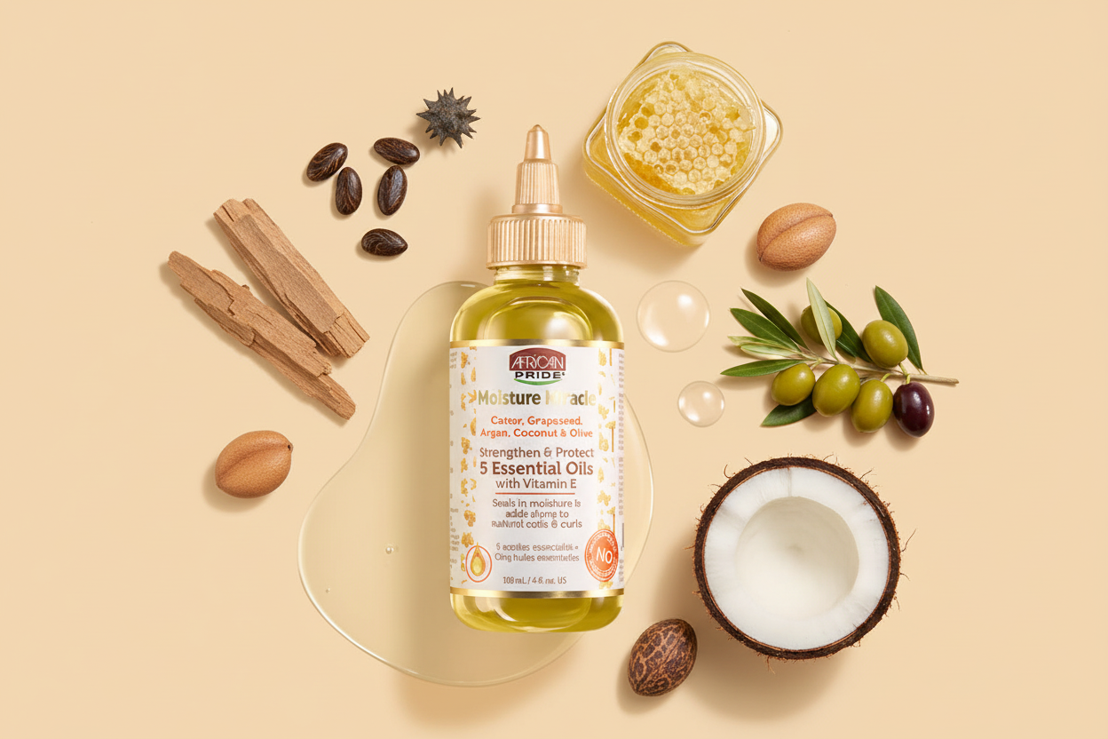 African Pride Moisture Miracle – Huile Capillaire 5 Huiles Essentielles & Vitamine E (118ml)