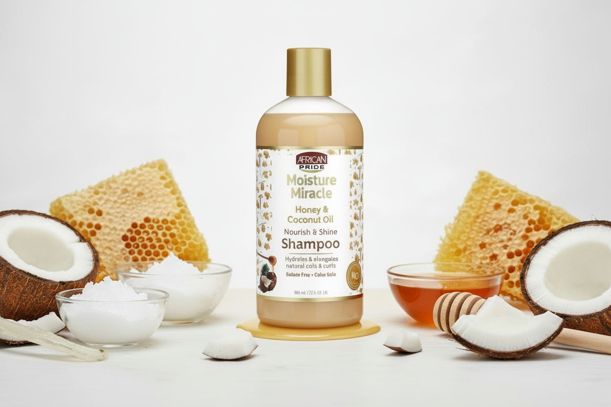 African Pride Moisture Miracle – Shampoing Miel & Huile de Coco (Honey & Coconut Oil Shampoo) 354ml