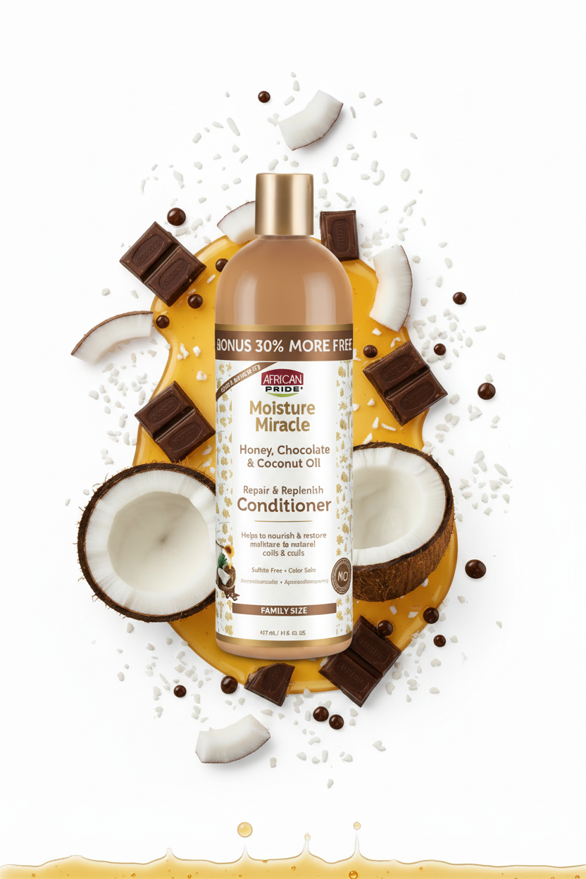 African Pride Moisture Miracle – Après-Shampoing Nutrition Intense Miel, Chocolat & Huile de Coco (Honey, Chocolate & Coconut Oil Conditioner) 354ml