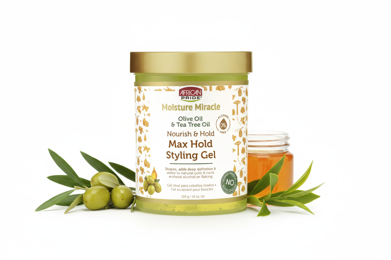 African Pride Moisture Miracle – Gel Coiffant Fixation Maximum Huile d’Olive & Tea Tree (Olive Oil & Tea Tree Oil Max Hold Styling Gel) 510g