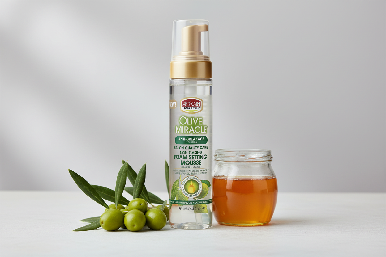 African Pride Olive Miracle – Mousse Coiffante Fixation 251ml (Foam Setting Mousse)