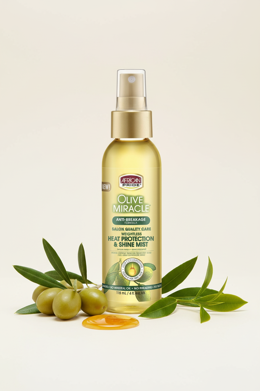 African Pride Olive Miracle – Spray Protecteur Thermique & Brillance 4oz (Heat Protection Shine Mist)