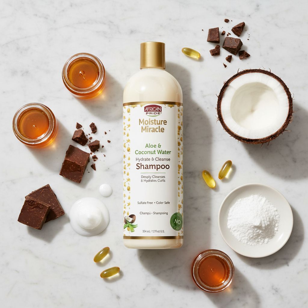 African Pride Moisture Miracle – Après-Shampoing Nutrition Intense Miel, Chocolat & Huile de Coco (Honey, Chocolate & Coconut Oil Conditioner) 354ml - ingredients