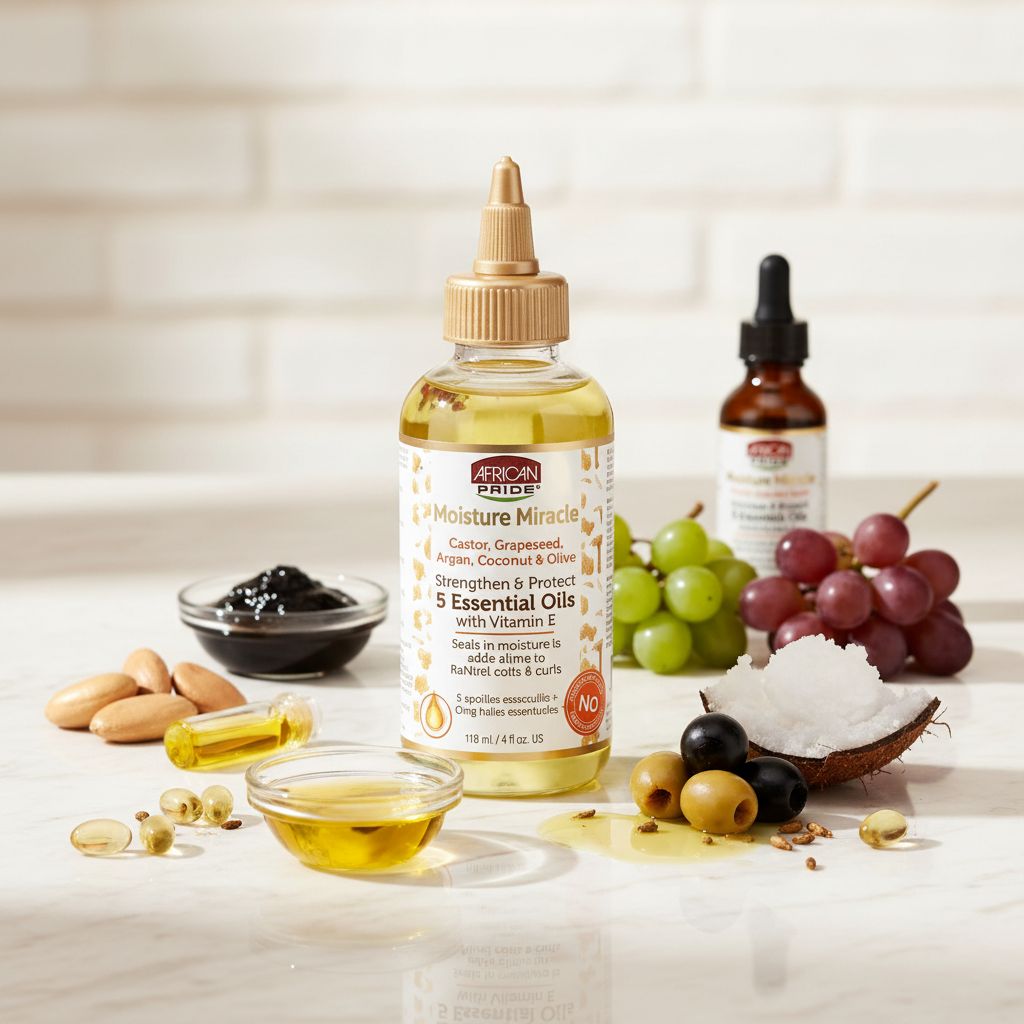 African Pride Moisture Miracle – Huile Capillaire 5 Huiles Essentielles & Vitamine E (118ml) - ingredients