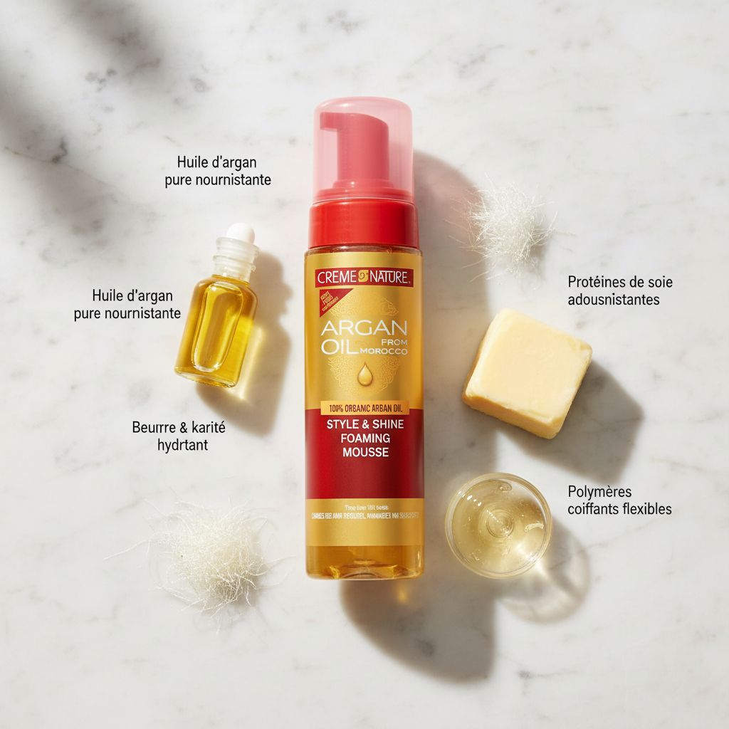 Creme of Nature – Mousse Coiffante Style & Brillance à l’Huile d’Argan 207ml (Style & Shine Foaming Mousse) - ingredients